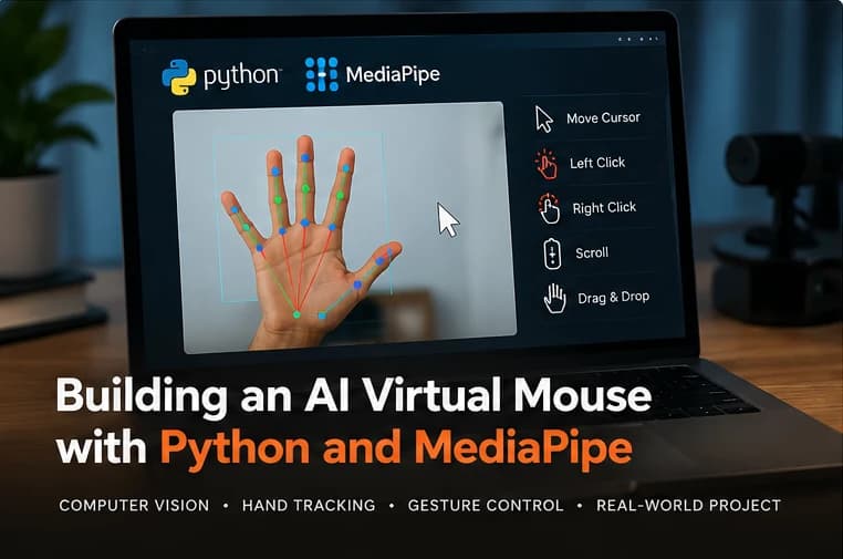 A hand with tracked landmarks on a laptop screen beside Python and MediaPipe logos and gesture controls, with the title “Building an AI Virtual Mouse with Python and MediaPipe”.
