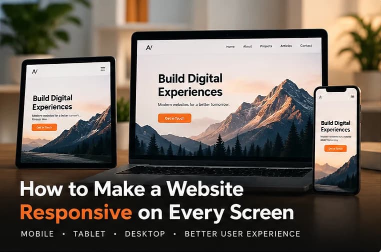 A website shown responsively on a phone, a tablet and a laptop, with the title “How to Make a Website Responsive on Every Screen”.