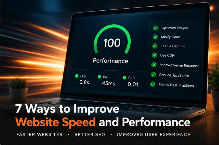 A laptop showing a performance score of 100 with LCP, INP and CLS metrics and a speed optimization checklist, with the title “7 Ways to Improve Website Speed and Performance”.