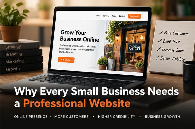 A laptop showing a small business website beside a checklist of trust, sales and visibility, with the title “Why Every Small Business Needs a Professional Website”.